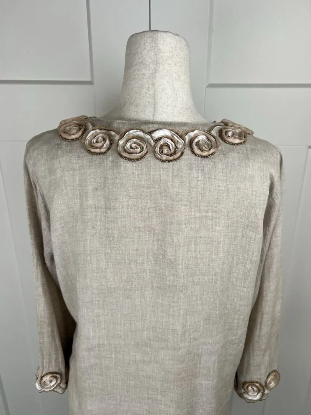 Key Lime & Pink Linen Tunic M Embellished Rosette Beaded Boho Top 3/4 Sleeve